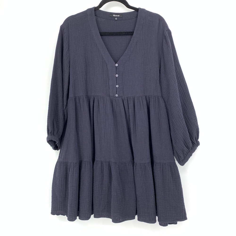 Madewell Dress Women's Size 12 Long Sleeve V-Neck Button Down Gauze Navy